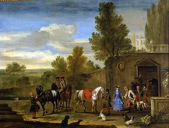 Grupo equestre fora das muralhas de um castelo (óleo sobre tela)