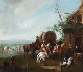 Viajantes à porta de uma estalagem com um homem montado num cavalo branco (óleo sobre metal)