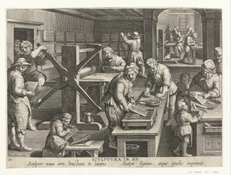 Produção de gravuras em cobre Scvlptvra em aes (título no objeto) Novas invenções e descobertas (título da série) Nova Reperta (título da série)