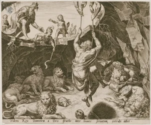 Daniel é libertado da cova dos leões, prancha 9 da série «A história de Daniel, Bel e o dragão»