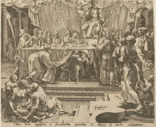 Os sacerdotes de Bel comem e bebem no templo, prancha 4, e Daniel alimenta o dragão, prancha 7, pranchas 4 e 7 da série «A história de Daniel, Bel e o dragão»