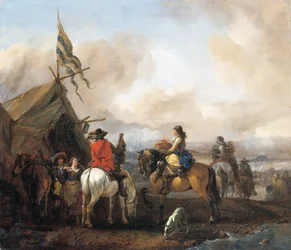 Um acampamento militar com cavaleiros
