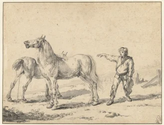Dois Cavalos, Um a Urinar e o Outro a Chorar, e um Homem de Pé com o Braço Direito Levantado