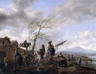 Uma extensa paisagem fluvial com soldados e um portador comum regando seus cavalos,