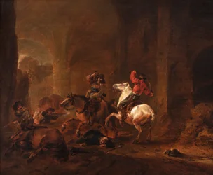 Bandidos emboscam viajantes num caminho entre ruínas, c.1635-50 (óleo sobre painel)