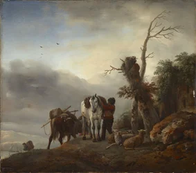 Paisagem com cavalos de carga - Paisagem com cavalos de carga, de Wouwerman (Wouwermans), Philips (1619-1668). Óleo sobre madeira, c. 1647-1648. Dimensões: 36,3 x 41,2 cm. Museu Nacional Brukenthal, Sibiu