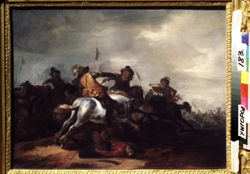 Une bataille (Uma batalha). Peinture de Philips Wouwerman (1619-1668). Huile sur bois, 31 x 41 cm. art flamand, art barroco. Museu Regional de Arte, Uzhgorod (Ucrânia).