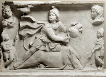 Civilização dos Fenícios: cena de sacrifício retratando a divinita Mithra (Mythra ou Mitra) imola o touro. Século II ou III d.C. Meias de mármore em relevo. Paris, Museu do Louvre
