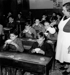 Leite grátis nas escolas francesas, 8 de Dezembro de 1954 (foto a p/b)