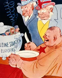 Um enorme soldado russo prestes a alimentar-se de um pote com a inscrição "Pequenos Estados Europeus", comentário caricatural alemão sobre a fome territorial da Rússia soviética (cor litho)