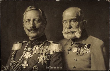 Ak Kaiser Wilhelm II da Prússia com o Imperador Franz Josef I da Áustria, lealdade (fotografia a preto e branco)