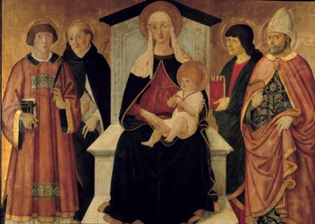 A Virgem e o Menino A Virgem está rodeada por São Lourenço diácono, São Pedro, São João, São Blaise de Sebaste. Altarpiece by Pier Francesco Fiorentino (activo por volta de 1475-1500) 1490. Sol. 132x143 m. Avignon, Musee du Petro Palais.