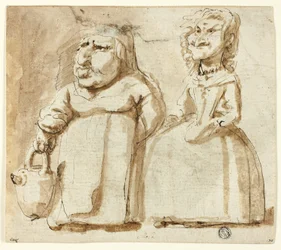 Caricaturas de duas mulheres (frente); Judas em oração (verso)