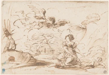 O Anjo que aparece a Agar e Ismael no deserto, c.1645 (caneta e tinta castanha com lavagem castanha sobre papel vegetal)
