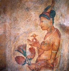 Apsaras, ninfa celestial oferecendo flores, afresco, cidadela fortificada de Sigiriya (Lista do Patrimônio Mundial da UNESCO)