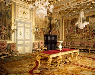 Caça à série Maximiliana de tapeçarias nas paredes do quarto de Francisco I, Chateau de Fontainebleau