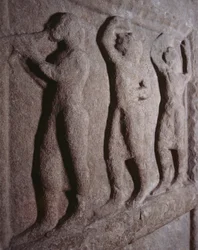 Músicos, detalhe da estela funerária de Pontassieve, Toscana, Itália, civilização etrusca, século V a.C.