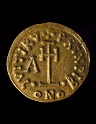 Solidus do Príncipe Arechi, verso, moedas lombardas, século VIII