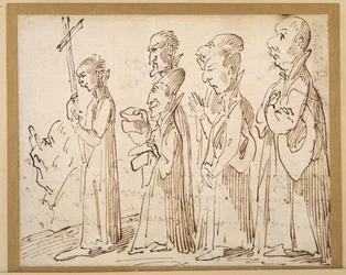 Uma procissão jesuíta, caricaturada com um crucifixo, e outros cinco seguintes; um perfil de homem adicional usando óculos à esquerda; e à direita uma linha vertical de escrita (caneta e tinta sobre papel)