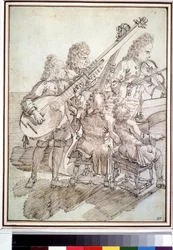 "Caricatura representando um concerto de cinco músicos (quinteto) com alaúde, violino, piano, violoncelo. Caneta e desenho a tinta por Pier Leone Ghezzi (1674-1755) Museu Pushkin do século XVIII, Moscovo