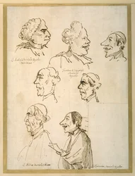 Sete perfis caricaturados de quatro cantores das capelas papais (caneta e tinta sobre papel)
