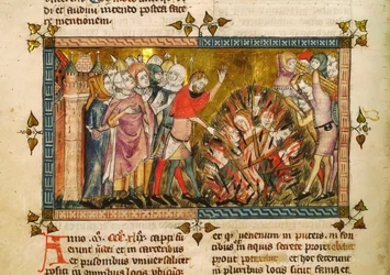 Queima dos judeus em 1349. Miniatura de: Tractatus quartus de Gilles de Muisit, c. 1353