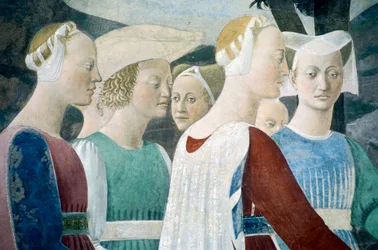 Detalhe de A Lenda da Verdadeira Cruz mostrando adoração à madeira e encontro da Rainha de Sabá e do Rei Salomão, de Piero della Francesca
