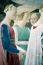 Detalhe de A Lenda da Verdadeira Cruz mostrando adoração à madeira e encontro da Rainha de Sabá e do Rei Salomão, de Piero della Francesca