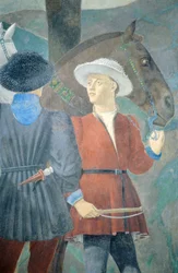 Detalhe de A Lenda da Verdadeira Cruz mostrando adoração à madeira e encontro da Rainha de Sabá e do Rei Salomão, de Piero della Francesca