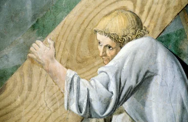 Detalhe de A Lenda da Verdadeira Cruz mostrando o transporte da Madeira Sagrada, de Piero della Francesca