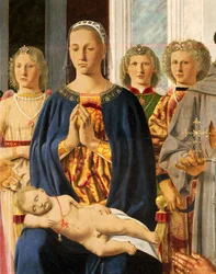 Madonna e Criança rodeadas de anjos, detalhe do retábulo de Brera Madonna e Criança com Santos a rezar com Federico da Montefeltro de Piero della Francesca (1412-1492), tempera sobre madeira, 251x172 cm