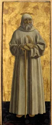 Políptica de Misericórdia: a Virgem de Misericórdia, rodeada de santos. Detalhe representando São Bento de Nursie. Pintura sobre madeira de Piero della Francesca (1415/20-1492) 1445-1460 Dim. 54x21 cm Sansepolcro, Pinacoteca Comunale
