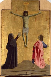 Políptica de Misericórdia: a Virgem de Misericórdia, rodeada de santos. Detalhe da crucificação com a inscrição "INRI" na cruz Pintura de madeira de Piero della Francesca (1415/20-1492) 1445-1460 Dim. 81x52,5 cm Sansepolcro, Pinacoteca C