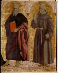 Políptica de Misericórdia: a Virgem de Misericórdia, rodeada de santos. Detalhe de Santo André e São Bernardino de Siena (Bernardino da Siena ou Bernardino degli Albizzeschi).