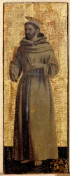Políptica de Misericórdia: a Virgem de Misericórdia, rodeada de santos. Detalhe representando São François de Assis. Pintura sobre madeira de Piero della Francesca (1415/20-1492) 1445-1460 Dim. 54x21 cm Sansepolcro, Pinacoteca Comunale