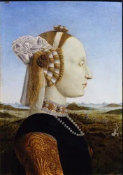 Retrato de Battista Sforza dos retratos em par de Federico da Montefeltro e da sua esposa, o duque e a duquesa de Urbino, 1472