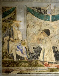 Retrato de Sigismondo (Sigismond) Pandolfo Malatesta (1417-1468) em oração diante de San Sigismondo (Sigismund). Fresco por Pietro di Benedetto dei Franceschi dit Piero della Francesca (1422-1492)