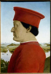 Retratos de Federico de Montefeltro, Duque de Urbino e Battista Sforza. Detalhe representando Federico da Montefeltro