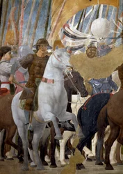 A lenda da cruz verdadeira, detalhe da vitória de Constantino na batalha da ponte de Mílvia, 312 dC, completou 1464 afrescos