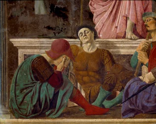A ressurreição de Cristo. Detalhe dos soldados romanos adormecidos. Pintura de Pietro di Benedetto dei Franceschi dit Piero della Francesca (1422-1492)