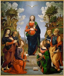 Imaculada Conceição com seis santos (óleo sobre madeira)