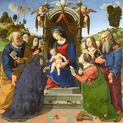 Madona e Menino Entronizado com os Santos Pedro, João Evangelista, Isabel da Hungria (), Catarina de Alexandria e anjos