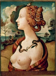 Retrato de mulher dito de Simonetta Vespucci Detrempe sobre madeira por Piero di Lorenzo dit Piero di Cosimo (1462-1521) 1480 Sol. 0,57 X 0,42 m Chantilly, Musee Conde