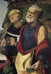 São Pedro e São Filipe Benizi, detalhe da Virgem e do Menino no trono rodeado de santos (óleo e tempera no painel, cerca de 1493)