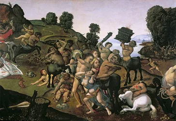 A Luta Entre os Lapiths e os Centauros, (detalhe de Centauros atacando os Lapiths) c.1490, (óleo sobre madeira)