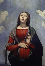 A Virgem Maria com a pomba do Espírito Santo acima dela, rodeada por seis Santos. detalhe (óleo sobre tela, c. 1505)