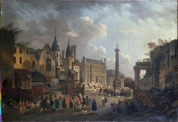 Espetáculo de feira num cruzamento imaginário em Paris, ca. 1770 (óleo sobre tela)