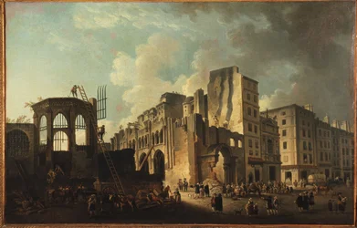 A demolição da igreja dos Santos-Inocentes, rue Saint-Denis, cerca de 1787 (óleo sobre tela)