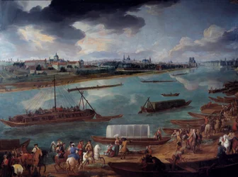 Vista de Paris, tirada do Quai de la Rapee em 1716 Detalhe dos barcos no Sena. Pintura de Pierre Denis Martin