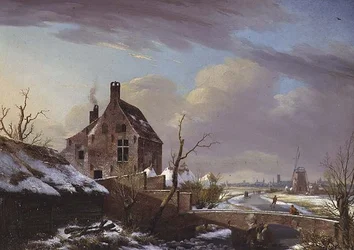 Paisagem de Inverno com figuras junto a uma ponte
